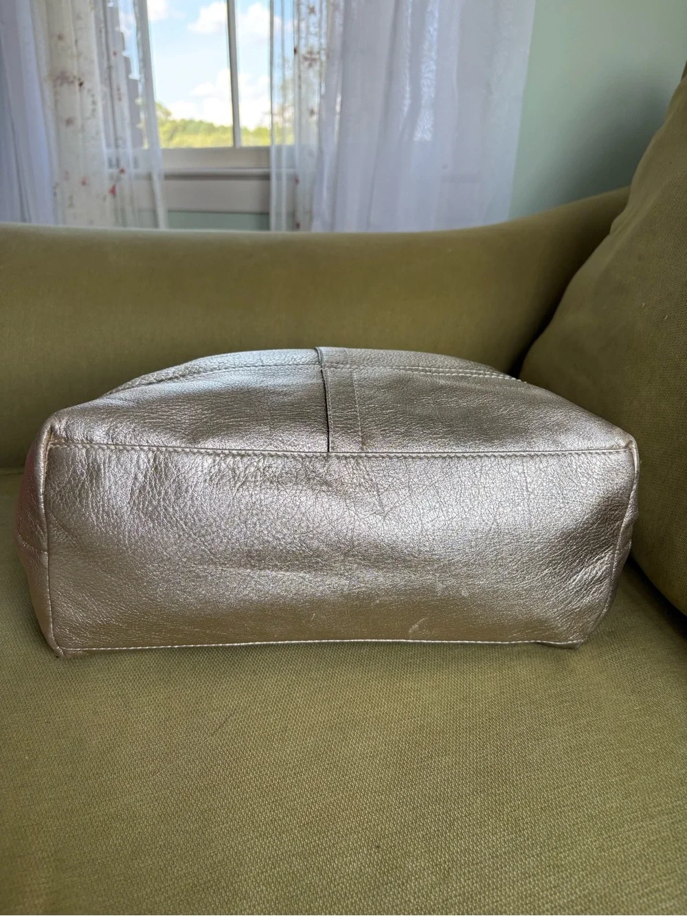 Coach Metallic Silver Leather Shoulder Tote with Tan Handles